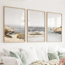 3 Piece Beige Ocean Beach Decor. Gray Waves with Rocks Wall Art