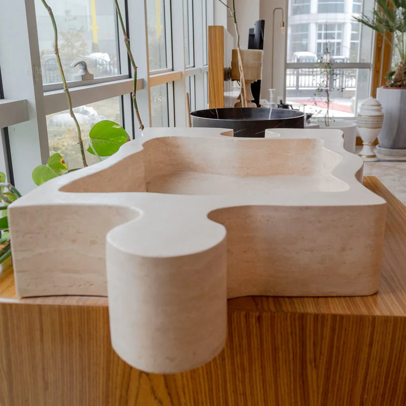 Natural Stone Beige Travertine Above Vanity Puzzle Shape Bathroom Sink side showroom view