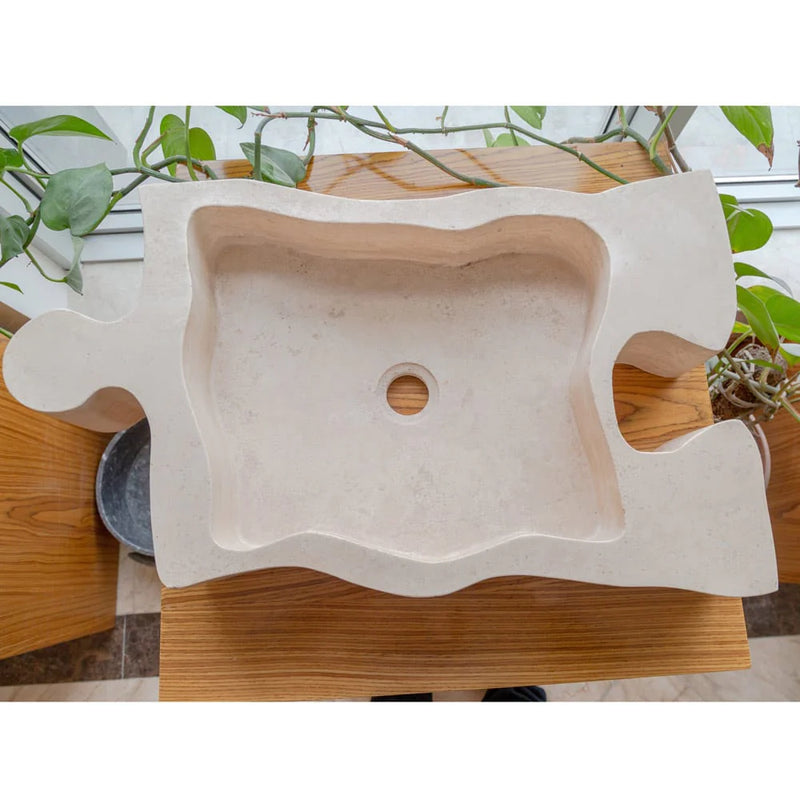 Natural Stone Beige Travertine Above Vanity Puzzle Shape Bathroom Sink tp view