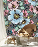 Contemporary Blue and Pink Flowers Wallpaper Chic