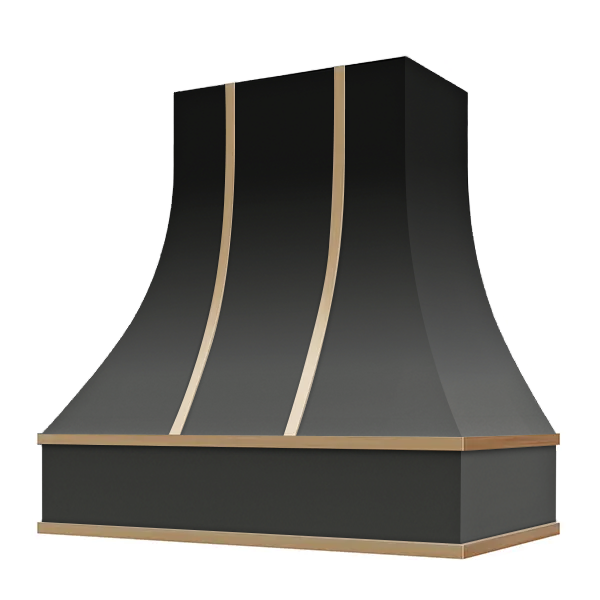 Black Range Hood With Curved Front and Brass Strapping - 30", 36", 42", 48", 54" and 60" Widths Available