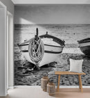 Black and White Nautical Theme Wallpaper Mural. Boat on Shore Wall Mural.