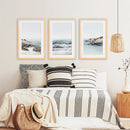 3 Piece Coastal Seascape Set. Blue Waves, Rocky Beach