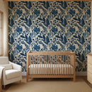 Navy Blue Flowers and Leaves Wallpaper