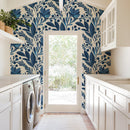Navy Blue Flowers and Leaves Wallpaper