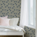 Blue and Green Linen Flowers Wallpaper | Hand-Drawn Vintage Floral