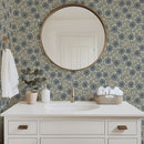 Blue and Green Linen Flowers Wallpaper | Hand-Drawn Vintage Floral
