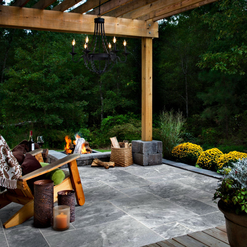 Bluestone marble pavers tumbled pattern installed patio view