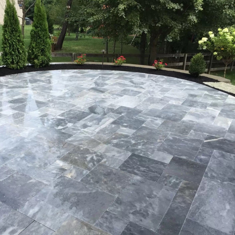 Bluestone marble pavers tumbled pattern installed patio outdoor view