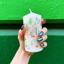 Boho Flowers Mini Pillar Candle  | Aesthetic Unscented Table Decor Floral Cylindrical Candle 4.75"