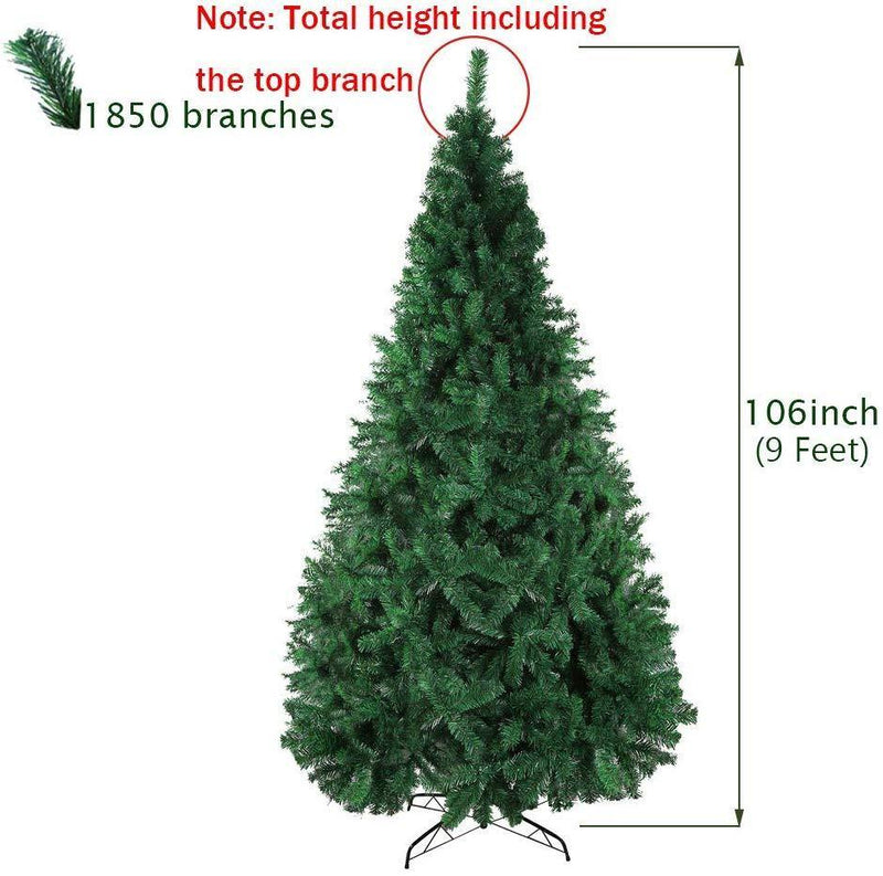 9' High Artificial Christmas Pine Tree Fake Xmas Tree 1850 Tips Full Tree W/ Solid Metal Stand