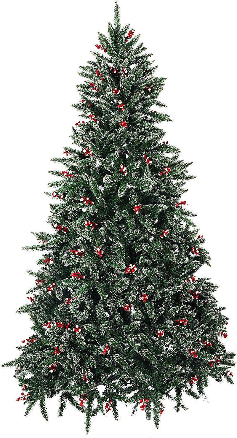 7' Artificial Christmas Tree Snow Flocked 1390 Tips Pine Decoration with Red Cheery