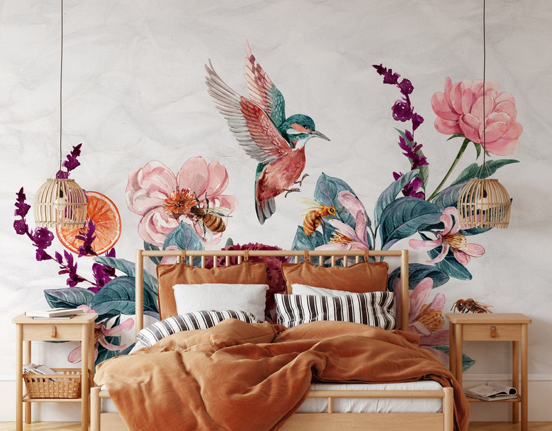 Flying Birds with Flower Bouquet Wallpaper