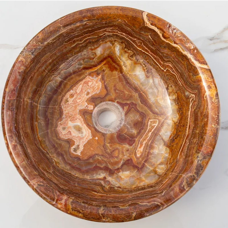 Brown Onyx Translucent Natural Stone Drop-in or Above Vanity Vessel Sink Polished (D)16" (H)6" top view