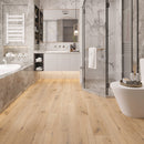 SPC Vinyl Rigid Core 9" Width 60" RL, 7mm Thick, 5.5mm IXPE Bungalow Tan Zephyr Floors - Mazzia Collection Product shoot washroom  view