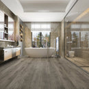 WPC Vinyl Rigid Core 9" Width 60" RL 9.5mm Thick, 1.5mm IXPE Burnished Fossil Romulus Floors - Mazzia Collection bathroom view