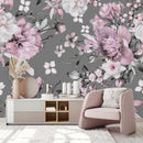 Voguish Modern Grey Wallpaper with Pink Flowers