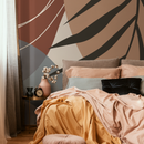 Abstract Wallpaper with a Leaf Motif in Terracotta, Blue, and Brown - C006
