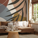 Abstract Wallpaper with a Leaf Motif in Terracotta, Blue, and Brown - C006