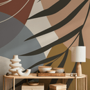 Abstract Wallpaper with a Leaf Motif in Terracotta, Blue, and Brown - C006
