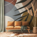 Abstract Wallpaper with a Leaf Motif in Terracotta, Blue, and Brown - C006