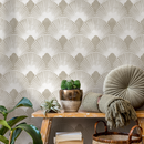 Art Deco Fan Wallpaper in Beige and White - C010