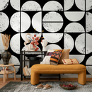 Modern Geometric Wallpaper with a Distressed Circle Grid in Black and White - C012