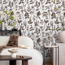 Herbal Wallpaper with Vintage Botanical Illustrations in Brown and White - C024