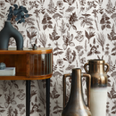Herbal Wallpaper with Vintage Botanical Illustrations in Brown and White - C024