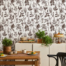 Herbal Wallpaper with Vintage Botanical Illustrations in Brown and White - C024