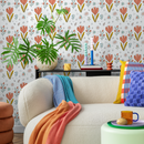 Scandinavian Wallpaper with Stylized Tulips in Coral, Teal, and Mustard Yellow - C033