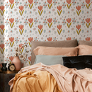 Scandinavian Wallpaper with Stylized Tulips in Coral, Teal, and Mustard Yellow - C033