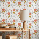 Scandinavian Wallpaper with Stylized Tulips in Coral, Teal, and Mustard Yellow - C033