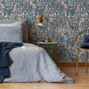 Botanical Wallpaper with a Wildflower Motif in Dark Blue, Pink, and Light Blue - C035