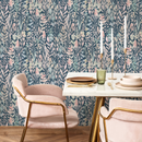 Botanical Wallpaper with a Wildflower Motif in Dark Blue, Pink, and Light Blue - C035