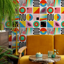 Geometric Wallpaper with Retro Abstract Shapes in Red, Yellow, and Blue - C048