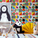Geometric Wallpaper with Retro Abstract Shapes in Red, Yellow, and Blue - C048