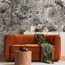 Floral Wallpaper with a Detailed Botanical Sketch in Black and Cream - C056