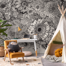 Floral Wallpaper with a Detailed Botanical Sketch in Black and Cream - C056
