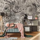 Floral Wallpaper with a Detailed Botanical Sketch in Black and Cream - C056