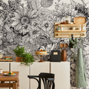 Floral Wallpaper with a Detailed Botanical Sketch in Black and Cream - C056