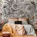 Floral Wallpaper with a Detailed Botanical Sketch in Black and Cream - C056