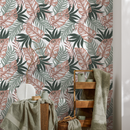 Tropical Wallpaper with Overlapping Monstera Leaves in Coral, Sage, and Dark Green - C057