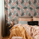 Tropical Wallpaper with Overlapping Monstera Leaves in Coral, Sage, and Dark Green - C057