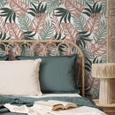 Tropical Wallpaper with Overlapping Monstera Leaves in Coral, Sage, and Dark Green - C057