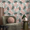 Tropical Wallpaper with Overlapping Monstera Leaves in Coral, Sage, and Dark Green - C057