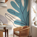 Abstract Wallpaper with Stylized Botanical Shapes in Teal and Terracotta - C061