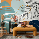 Abstract Wallpaper with Botanical Line Art and Shapes in Teal, Orange, and Blue - C063