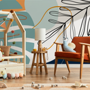 Abstract Wallpaper with Botanical Line Art and Shapes in Teal, Orange, and Blue - C063