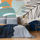 Abstract Wallpaper with Botanical Line Art and Shapes in Teal, Orange, and Blue - C063